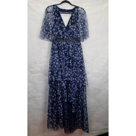 BCBG Max Azria Maxi Dress Women 6 Kaleidoscope Navy Floral Chiffon Tiered Hi-Low - Picture 7 of 16